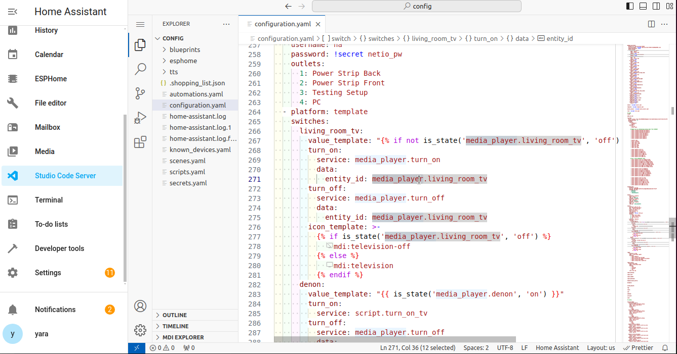 Screenshot of an example of a configuration.yaml file, accessed using the File editor app on a Home Assistant Operating System installation.