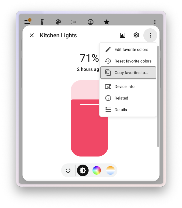 Screenshot of the light more-information dialog showing a menu with options to edit favorite colors, reset favorite colors, and copy favorites to other lights.