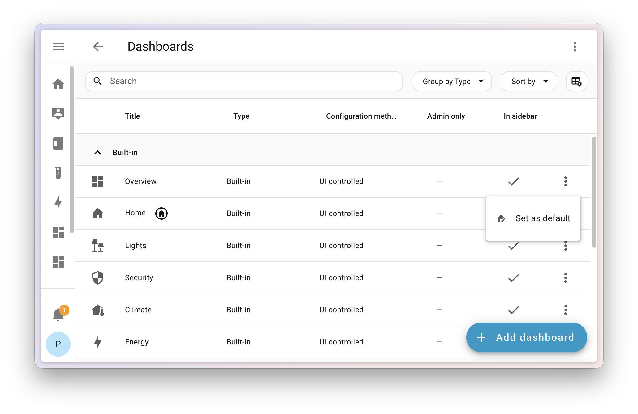 Screenshot showing the Dashboard configuration page and the option to make any dashboard default in the three dots menu.